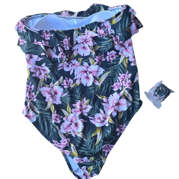 Kona Sol Green Floral One Piece Swimsuit 22W - Picture 2 of 5